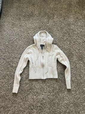 Arden B Cream Cable-Knit Half-Zip Hoodie Sweater